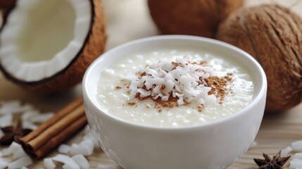Creamy coconut rice porridge topped with shredded coconut and cinnamon