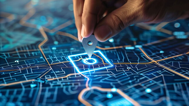 Hand placing pin on digital map. Navigation and direction in tech city street network. Locating destination on abstract futuristic interface. Oil industry investment route finding.