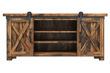 Rustic Farmhouse Media Console Sliding Barn Doors Reclaimed Wood Three Shelves Dark Brown Black on transparent background