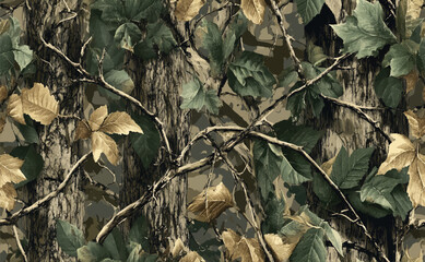 Realistic forest camouflage. Seamless pattern. Conifer tree, branches and leaves. Useable for hunting and military purposes.