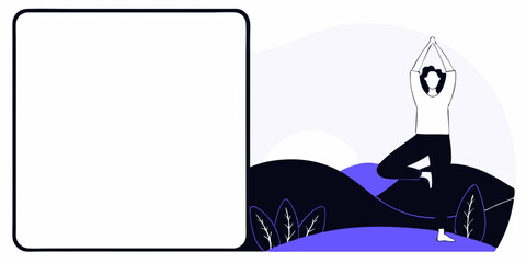 Yoga Outdoors Vector, Tree Pose Wellness Illustration, Calm Fitness Scene, Mindful Exercise in Nature, Flat Yoga Practice Design