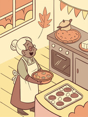 Cozy Thanksgiving Kitchen Scene: Grandma Baking Pumpkin Pies & Cookies, Vintage Illustration, Warm Colors, Autumnal Decor, Festive Food, Holiday Spirit