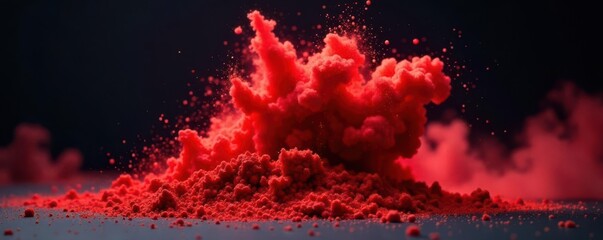 Fiery red powder erupts in a chaotic cloud on black , visual, splash