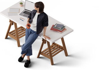 Fototapeta premium isometric view of young woman with cup in hand leaning on table