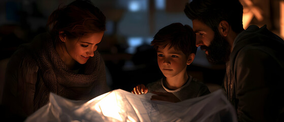 Fototapeta premium Family Exploring a Lit Lantern
