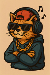 Cool Hip Hop Cat with Headphones &ndash; AI Generated Illustration