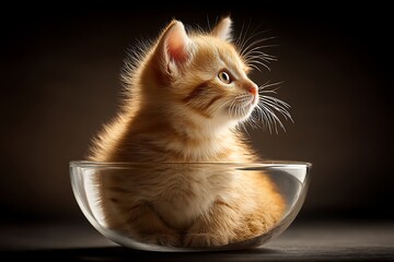 A plush kitten sitting in a glass bowl, captured in a playful pose with soft lighting to highlight its cuteness.