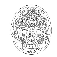 Ornate Floral Sugar Skull Line Art Illustration