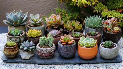 Succulents and cactus for sale at open air street market ,potted succulent garden, with different varieties of the plants arranged in various containers