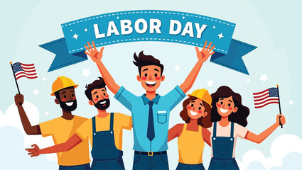 Happy Labor Day Diverse Workers Celebrating with Flags
