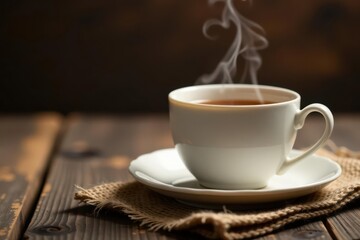 Fototapeta premium Steaming teacup, burlap sack, rustic wood table, background, wood, cup