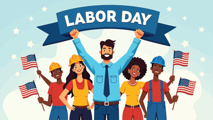 Happy Labor Day Diverse Workers Celebrating with Flags