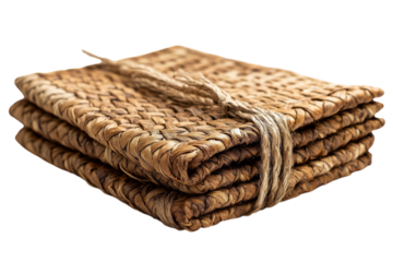 Rustic Handwoven Water Hyacinth Coasters Stacked Tied with Jute Twine Isolated on Black Background Warm Golden Tones Natural on transparent background