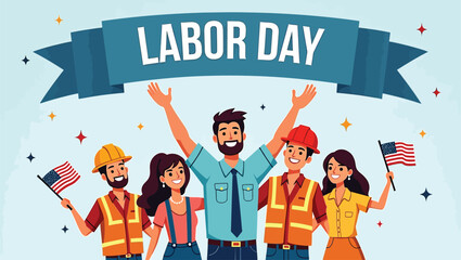 Happy Labor Day Celebration Diverse Workers American Flags
