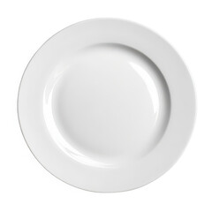 A top down view of a round white ceramic plate with a rim on a black background in a studio setting
