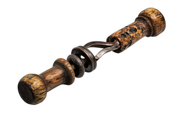 Intriguing antique wooden and metal tool meticulously detailed showcasing its aged patina and on transparent background