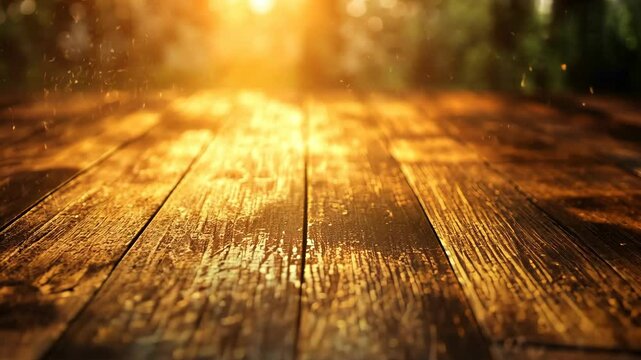 Shiny wooden surface with warm sunset glow and soft background