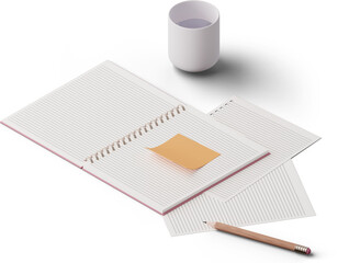 cup of water notebook and pencil