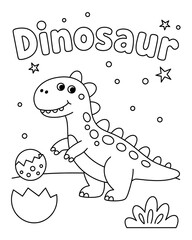 Naklejka premium Cute Cartoon Dinosaur Coloring Page with Smiling T-Rex, Soccer Ball, Cracked Egg, and Stars for Kids
