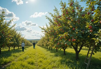 Harvesting apples in a sunlit orchard surrounded by vibrant trees and fluffy clouds on a beautiful autumn day