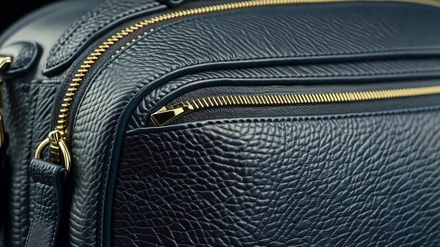Closeup navy leather bag zippers