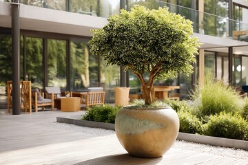 A potted ornamental tree in a landscaped garden, adding a touch of greenery and elegance to the outdoor environment.