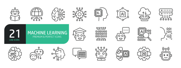 Set Of Machine Learning Line Icons. Contains such icons as Robotics, Artificial Intelligence, Digital Assistant, Computer Language, Big Data, Digital Profile, Connection, Database, AI Research, Neural