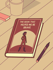 Illustration of a Book Titled "The Book That Helped Me Be Brave" with a Woman Silhouette on a Table, Flat Design