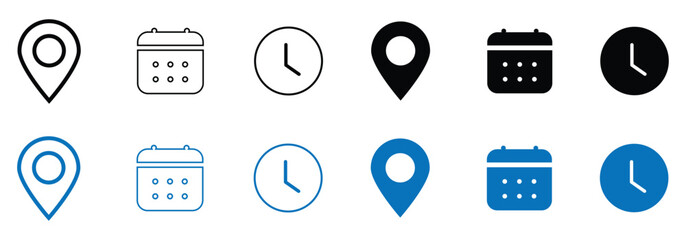 clock, date, location, icon set. Editable, Filled vector illustration.