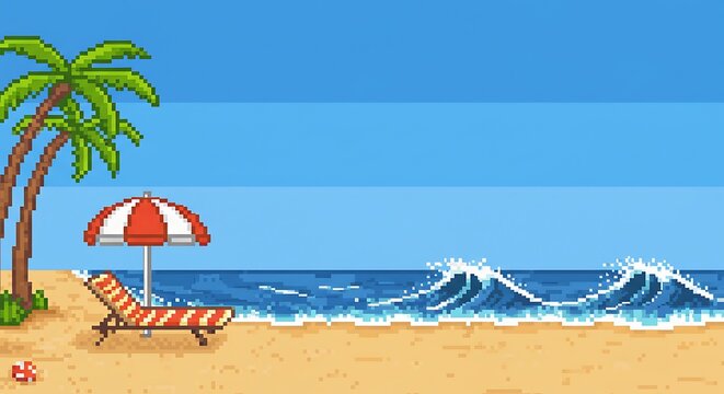 Pixel Art Beach Scene with Palm Tree Ocean Waves and Deck Chair