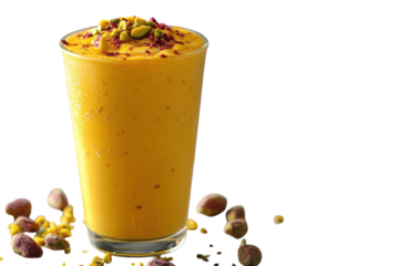 Creamy Mango Lassi a refreshing treat topped with pistachios and rose petals served in a clear on transparent background