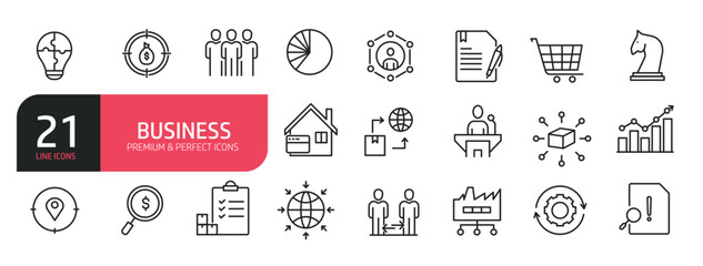 Set of line icons related to analysis, teamwork, networking, leadership. Outline icons collection. Editable stroke. Vector illustration. 