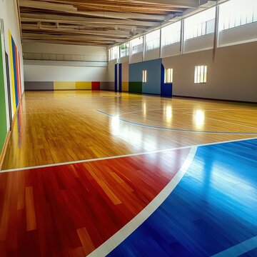Colorful indoor sports hall with vibrant accents.  Wooden floor, painted walls, and bright lighting create a dynamic space
