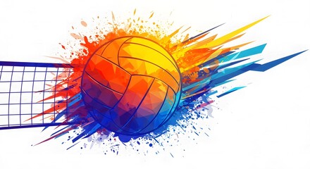 Abstract Volleyball Graphic with Net and Colorful Artistic Splash Design