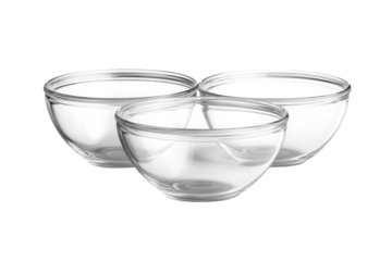Elegant set of three clear glass bowls perfect for serving snacks dips or appetizers Stylish and functional kitchenware with a subtle rim on transparent background