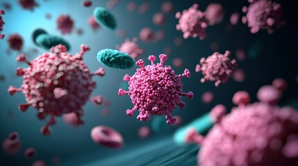 A vibrant, detailed representation of virus particles floating in a microscopic environment, showcasing their structure and interaction.