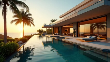 Obraz premium Gorgeous surreal cinematic photo of a modern pool surrounded by lush green landscape and inviting sunlight reflections