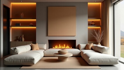 Elegant living room with warm fireplace offering a cozy atmosphere surrounded by chic modern decor and vibrant style