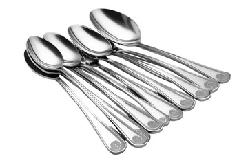 Elegant silver spoons set gleaming against black showcasing intricate detailing and reflecting light beautifully A luxurious tableware on transparent background