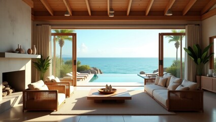 Fototapeta premium Stunning living room with ocean view featuring surreal vibrant decor and artistic elements for a breathtaking experience