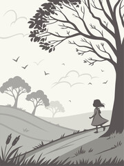 Girl Walking on Path Silhouette, Serene Landscape Illustration, Tree Branches, Rolling Hills, Birds in Sky, Black and White Art