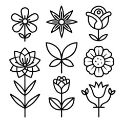 Simple Black Line Art Flower Icon Set – Minimal Vector Floral Collection

