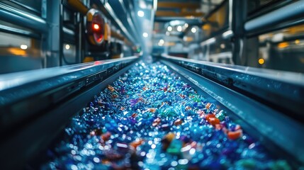 A robotic recycling system scanning and sorting colorful plastic fragments on a moving conveyor belt.