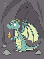 Obraz premium Cute Cartoon Dragon in a Cave Holding a Lit Match, Looking Sad, Turquoise Green, Simple Illustration Style