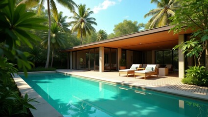 A surreal and vibrant cinematic pool scene featuring a lounge chair perfect for relaxation and sunbathing