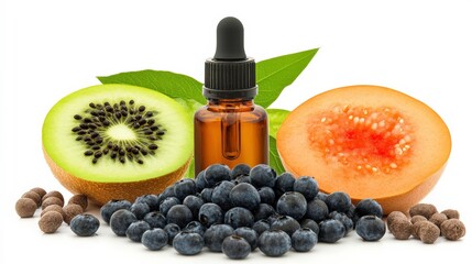 Vibrant Essential Oils with Fresh Fruits on White Background