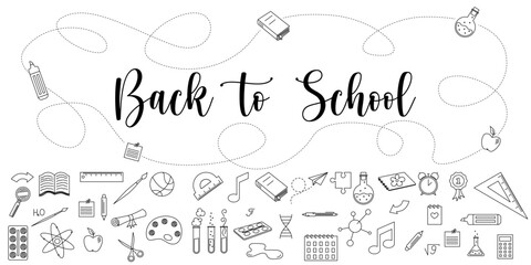 Whimsical Hand-Drawn School Supplies Set. Doodle Style Stationery Elements