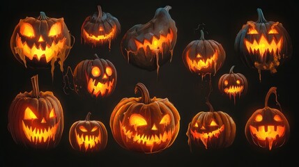Spooky jack-o'-lantern pumpkins in various poses