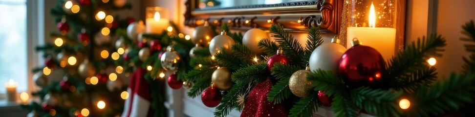 Obraz premium Decorated mantel with Christmas tree and greenery, holiday centerpiece, mantel arrangements