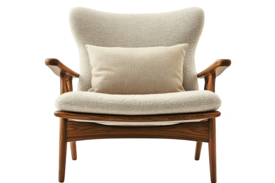 Elegant mid century modern armchair with light beige fabric and rich dark wood frame showcasing on transparent background